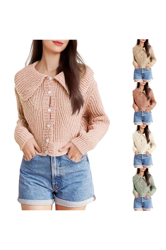 Peter Pan Collar Sweaters for Women Cardigan Cable Knit Long Sleeve Cropped Casual Button up Loose Fall Winter Cardigans