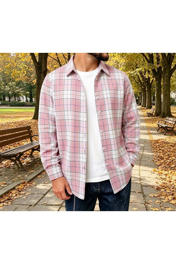 Plaid Mens Shirts Long Sleeve Collared Flannel Fall Brushed Jackets Loose Casual Pink S