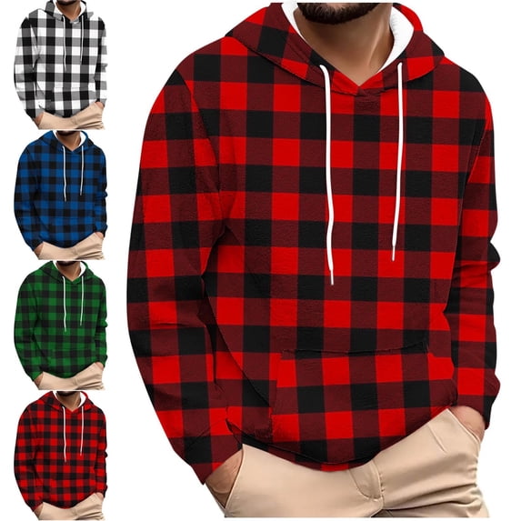 Zivyakyron Pullover Men Hoodie Long Sleeve Fall Plaid Flannel Loose Streetwear Drawstring Men's Sweatshirts White S