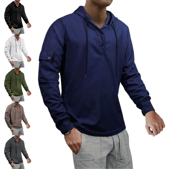 Zivyakyron Pullover Sweatshirts Hooded for Men Long Sleeve Athletic Fitness Skinny Fall Henley Plain Men's Sweatshirts Khaki M