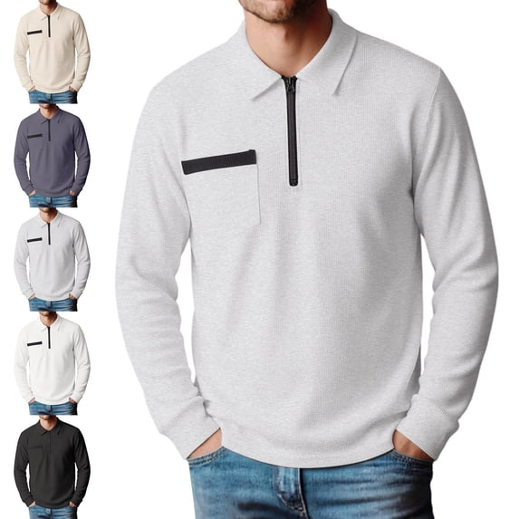 Zivyakyron Quarter Zip Polo T Shirts for Men Waffle Fall Long Sleeve Pullover Collared Slimming Solid Shirt Casual White XL