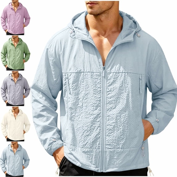 Zivyakyron Quick Dry Men Rain Jacket Zip up Long Sleeve Windbreaker Lightweight Solid Jacket SPF Loose Hooded Gray L