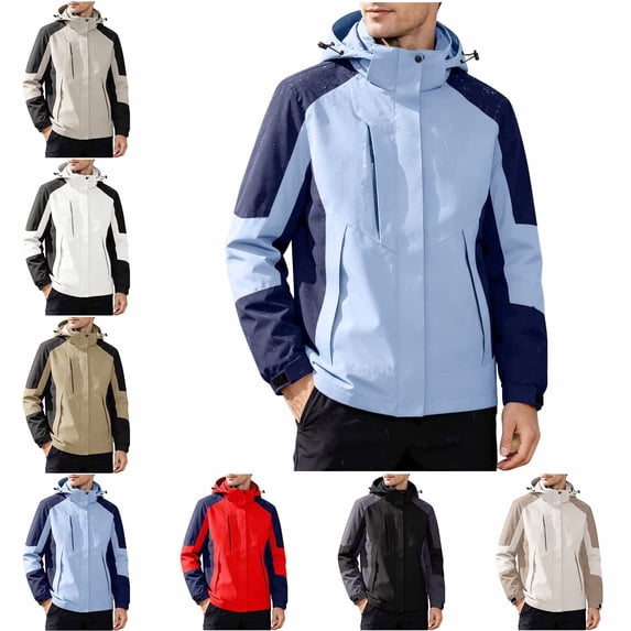 Zivyakyron Rain Windbreaker Jackets for Men Zip up Hiking Windproof Long Sleeve Loose Colorblock Jackets Hooded Brown S