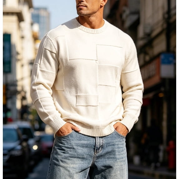 Zivyakyron Ribbed Men Sweater Workout Chunky Cable Knit Long Sleeve Crew Neck Sweaters Pullover Loose Fall Winter Beige 2XL