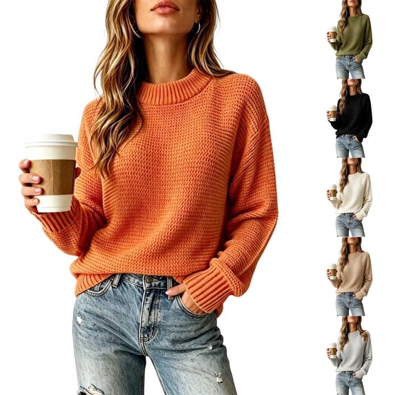 Zivyakyron Ribbed Womens Sweaters Crew Neck Long Sleeve Jumper Fall Winter Plain Blouse Loose Waffle Casual White 2XL