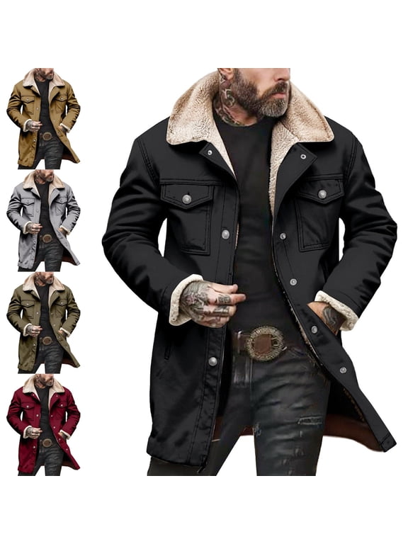 Sherpa Mens Jackets Trucker Fall Winter Fleece Parka Jacket Loose Zip up Heavyweight Plain Long Sleeve Green L