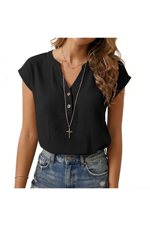 Short Sleeve Blouse for Women Henley Fall Tunic Casual Tops for Women Solid Loose Dolman Sleeve Tops