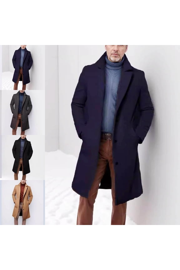 Single Breasted Jackets for Men Trench Wool Blend Long Sleeve Plain Overcoats Heavyweight Notch Lapel Fall Winter Gray S