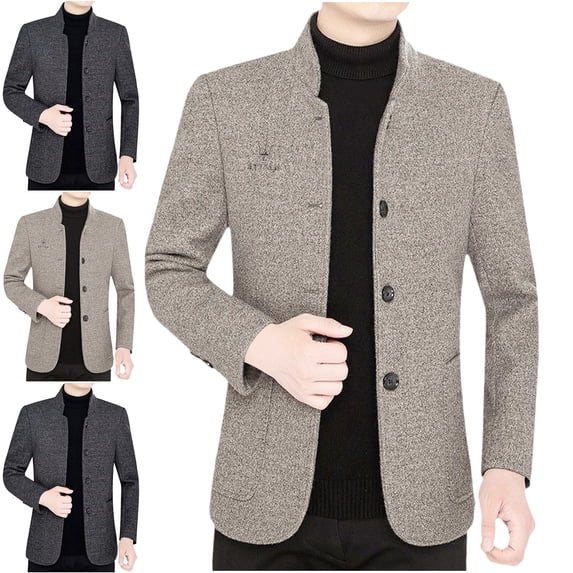 Zivyakyron Single Breasted Mens Blazer Casual Long Sleeve Mandarin Collar Business Jacket Slim Embroidered Fall Winter Gray 2XL