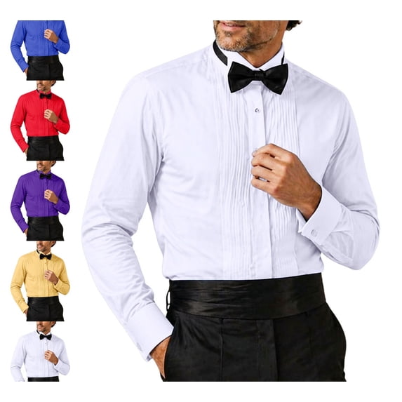 Zivyakyro Skinny Men Shirts Dressy Fall Collared Long Sleeve Plain Pleated Tuxedo Shirts White M