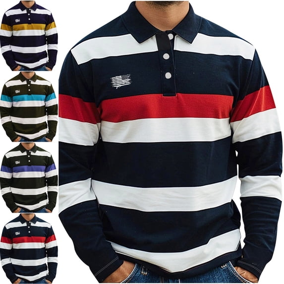 Zivyakyron Striped Polos for Men Fall Rugby Long Sleeve Button Colorblock Casual Shirts Retro Collared Blue 4XL