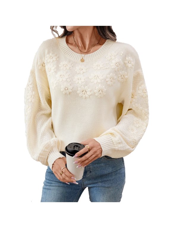 Sweet Womens Sweater Ribbed Pullover Fall Winter Cotton Blouses Floral Applique Breathable Long Sleeve Crew Neck Beige S