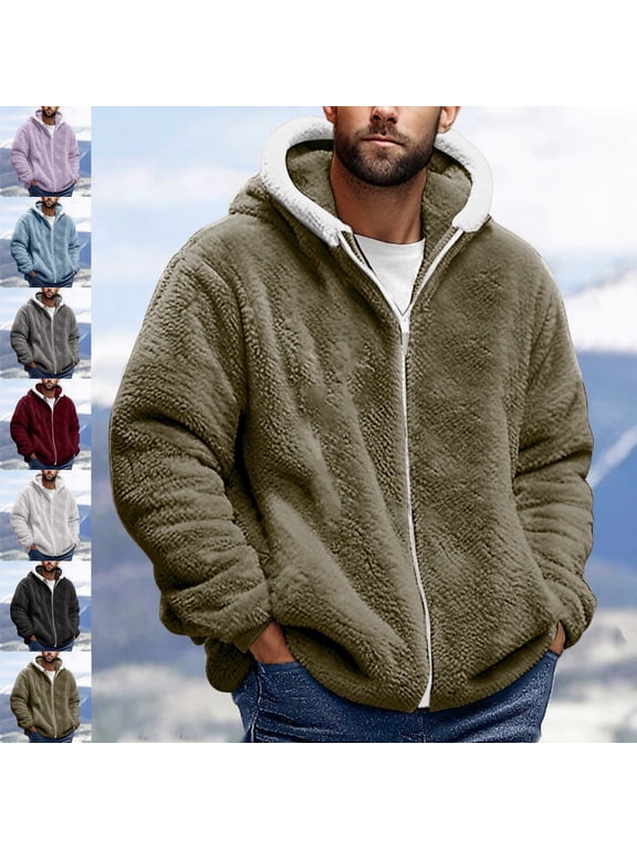 Teddy Fleece Jacket Men Fall Winter Warm Long Sleeve Zip up Plain Hooded Loose Jacket Black XL