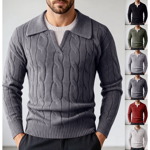 Zivyakyron Thick Sweater Men Ribbed Cable Knit Pullover Long Sleeve Sweaters Slim Fall Winter Collared Layered Look White M