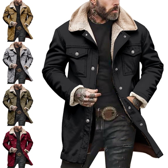 Zivyakyro Trucker Men Jacket Fall Winter Sherpa Parka Fleece Zip up Jackets Plain Loose Long Sleeve Heavyweight Black XL