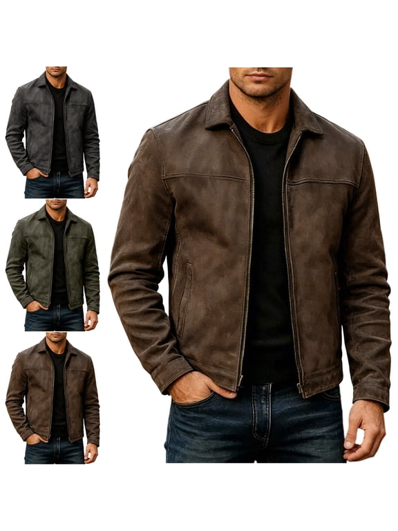Trucker Men Jacket Faux Leather Zip up Long Sleeve Fall Winter Jacket Outerwear Regular Plain Vintage Brown S