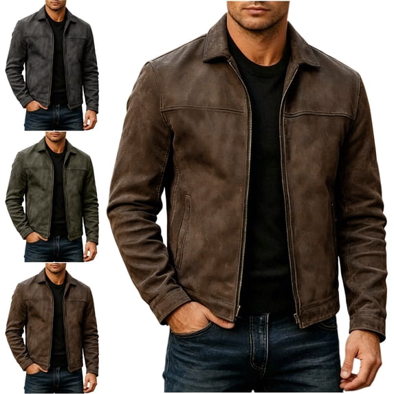 Zivyakyro Trucker Mens Jacket Zip up Faux Leather Fall Winter Long Sleeve Outerwear Plain Regular Jackets Vintage Black 2XL