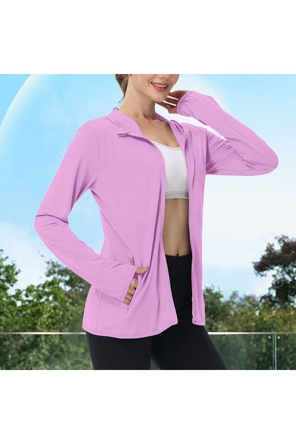 UPF 50+ Lightweight Jacket Women Fall Zip Up Windbreaker Womens Coats Solid Long Sleeve Casual Loose Hooded Outerwear Pink M