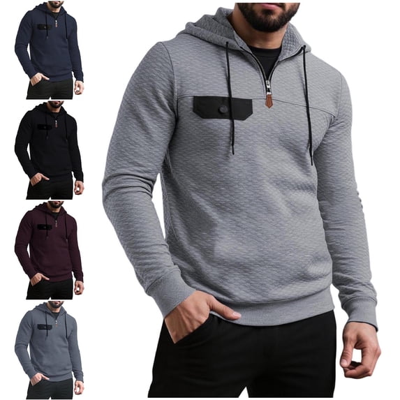 Zivyakyron Waffle Mens Hoodie Long Sleeve Fall Zipper Pullover Mens Sweatshirt Plain Officewear Loose Blue L