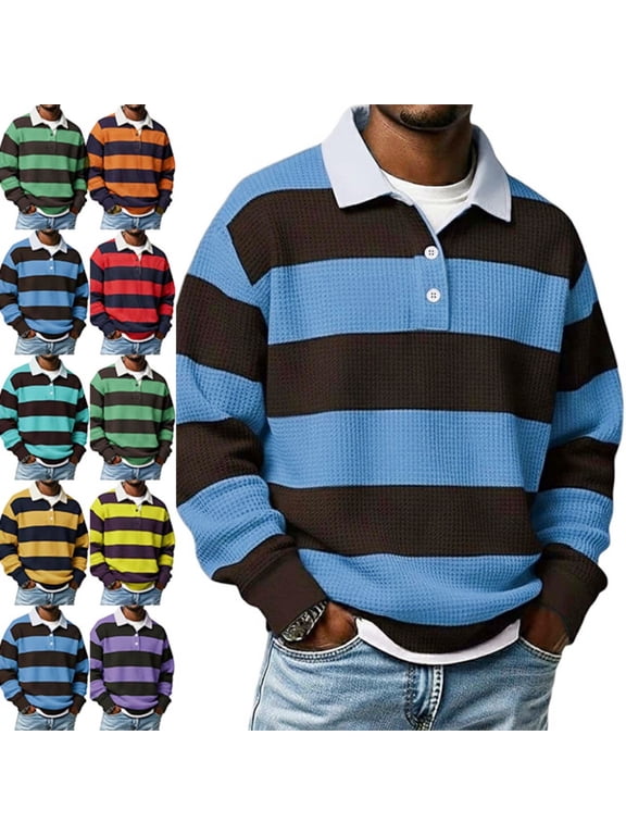 Waffle Mens Polo Striped Button Rugby Long Sleeve Shirt Casual Colorblock Fall Collared Blue 2XL
