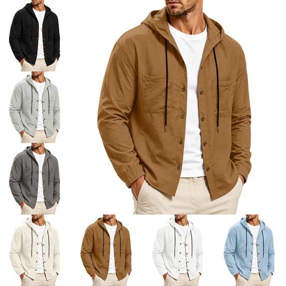 Zivyakyro Windbreaker Men's Rain Jacket Long Sleeve Lightweight Casual Loose Shacket Solid Button down Hooded Drawstring Green XL
