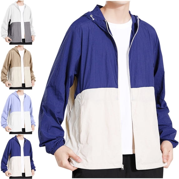 Zivyakyron Windbreaker Men's Rain Jacket Zip up Lightweight Long Sleeve Fishing Jacket Colorblock Hooded Sun Protection Purple L