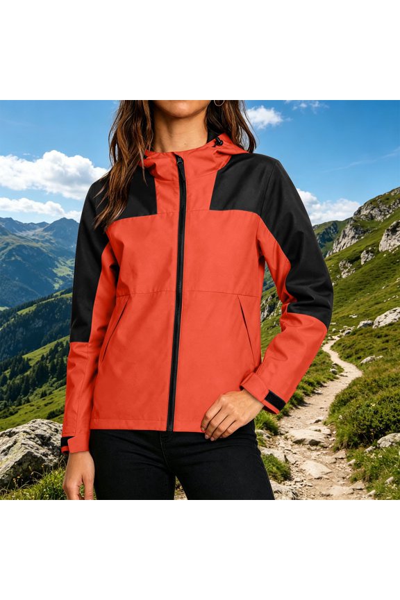 Windbreaker Women Rain Jacket Skinny Fall Zip Up Hiking Coat Women Color Block Casual Long Sleeve Hooded Outerwear Orange L