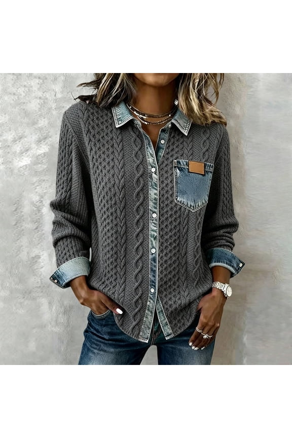 Women Jacket Fall Button up Trucker Women's Coats Color Block Casual Long Sleeve Collared Slim Outerwear Gray L