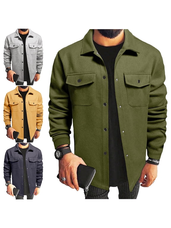 Wool Blend Mens Fleece Jacket Fall Winter Collared Button up Long Sleeve Shacket with Pocket Workwear Plain Gray XL