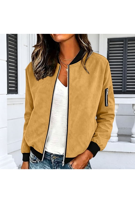 Zip Up Bomber Jacket Women Cropped Fall Baseball Coats for Women Casual Faux Leather Long Sleeve Slimming Outerwear Yellow XL