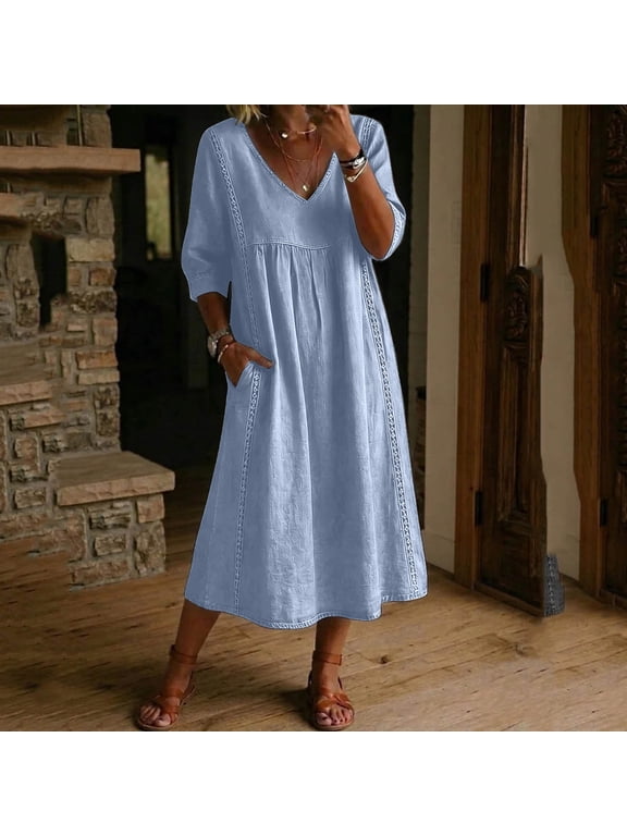 Cotton Linen Shift Dress for Women Maxi Tent Summer Women's Dress Casual Solid 3/4 Sleeve V Neck Vintage Loose Dresses