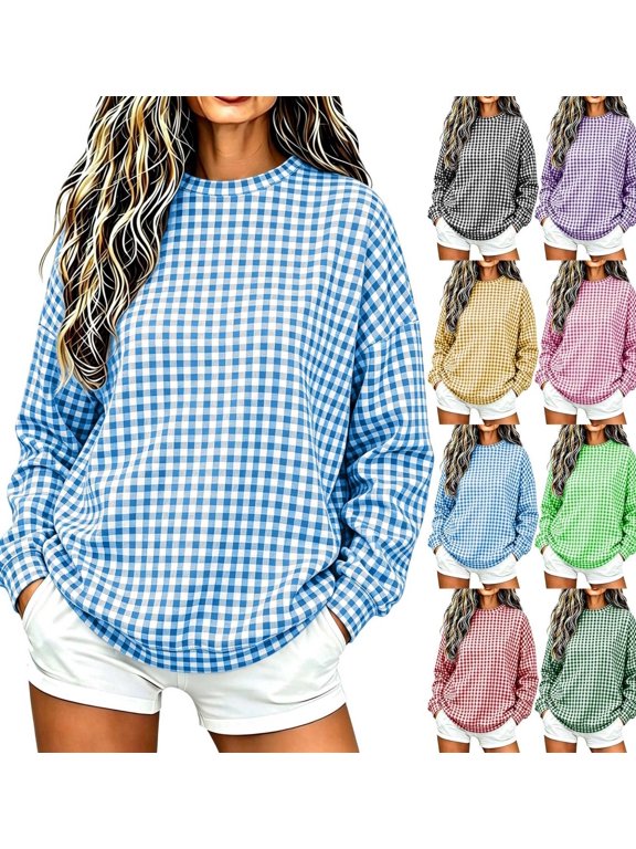 Crew Neck Sweatshirts Women Fall Gingham Plaid Drop Shoulder Curved Hem Preppy Office Shirts