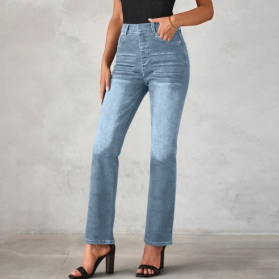 Zivyakyron Denim Womens Straight Leg Jeans Full Length Casual Slimming Summer Womens Jeans High Waisted Daily Jegging Solid Office Pants