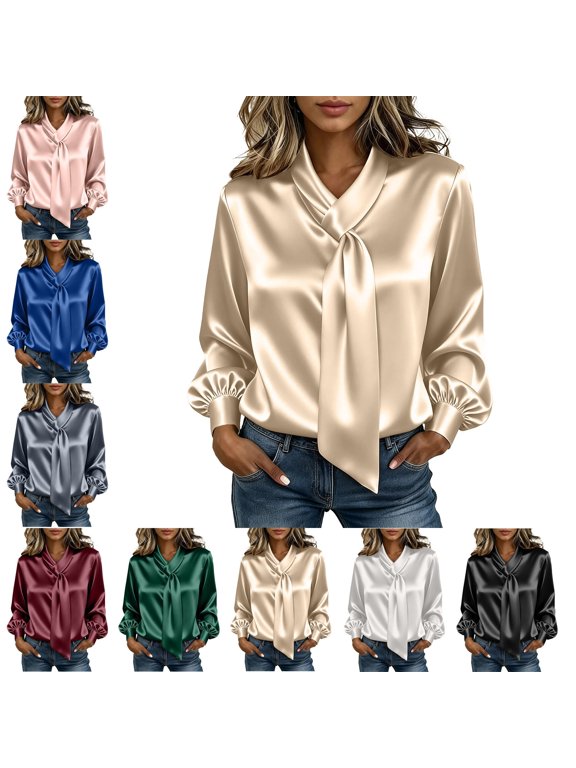 Fall Womens Blouse Casual Long Sleeve Satin Tie Neck Plain Loose Elegant Women's Tops Gold S