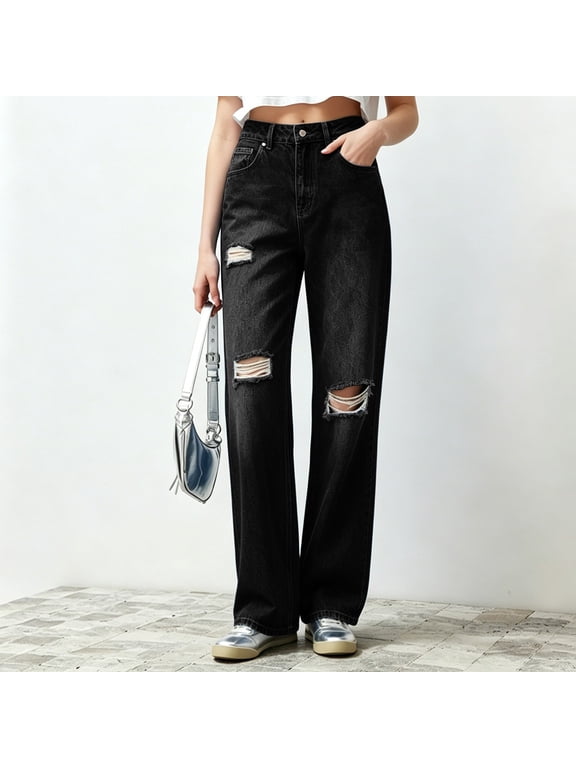 Full Length Womens Straight Leg Jeans Denim High Waisted Baggy Summer Jeans for Women Ripped Solid Girlfriend with Pocket Casual Pants