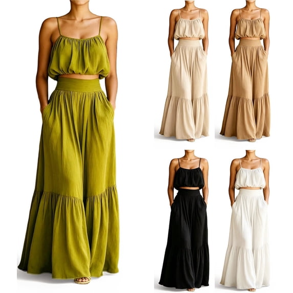 Zivyakyron High Waist 2 Piece Dress Sets for Women Summer Maxi Sleeveless Women's Dress Spaghetti Straps Plain Casual Loose Dresses