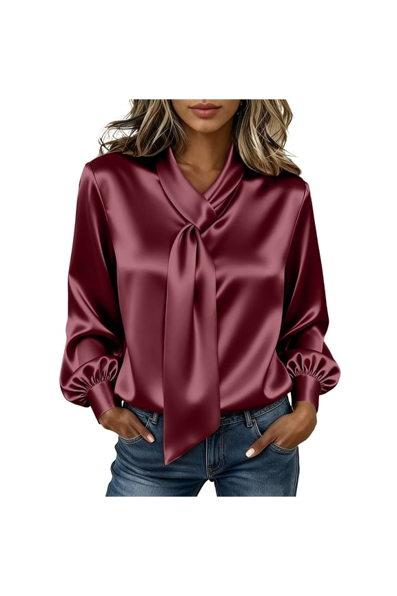 Long Sleeve Women Blouses Tie Neck Fall Satin Casual Loose Elegant Women Tops Plain Red M