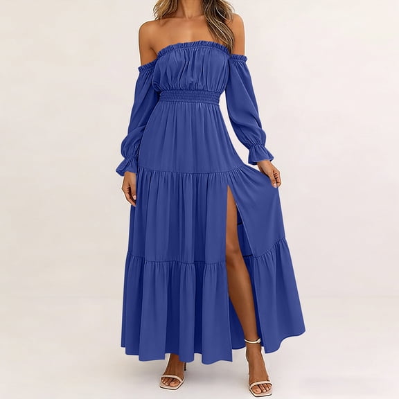 Zivyakyron Long Sleeve Womens A Line Dress Maxi Summer Off the Shoulder Dress for Women Casual Square Neckline Tiered Plaid Long Loose Dresses