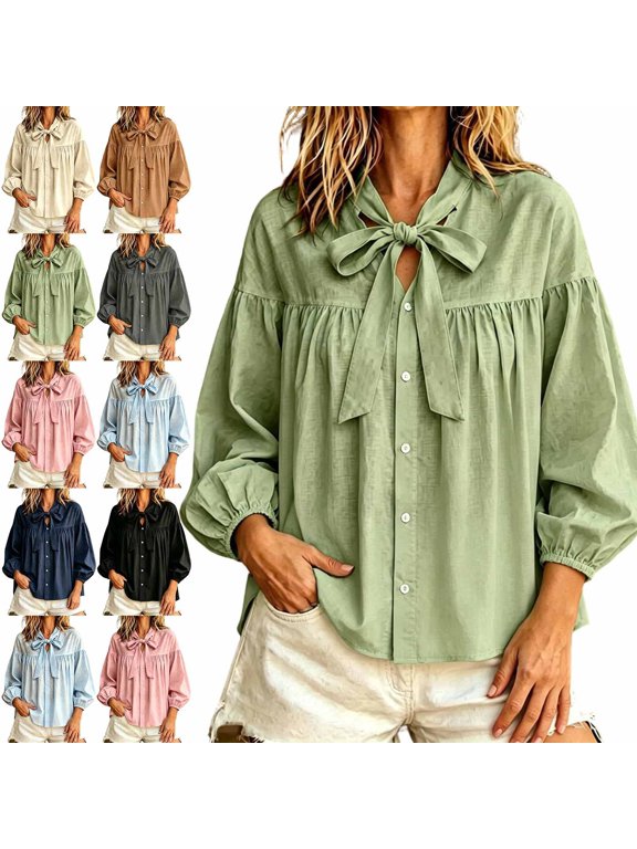 Long Sleeve Womens Blouse Tie Neck Cotton Linen Button down Fall Plain Loose Ruched Casual Women's Tops Green S