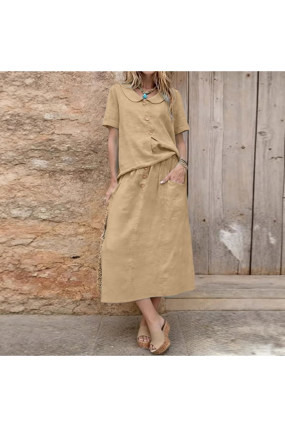 Maxi 2 Piece Dress Sets for Women Cotton Maxi Work Summer Women's Dress Collared Short Sleeve Dress Set Plaid Casual Loose Dresses