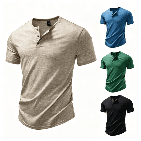 Zivyakyron Men's T-Shirts Gym Summer Cotton Fitness Mens Tops Solid Loose Henley Button Short Sleeve Clothes
