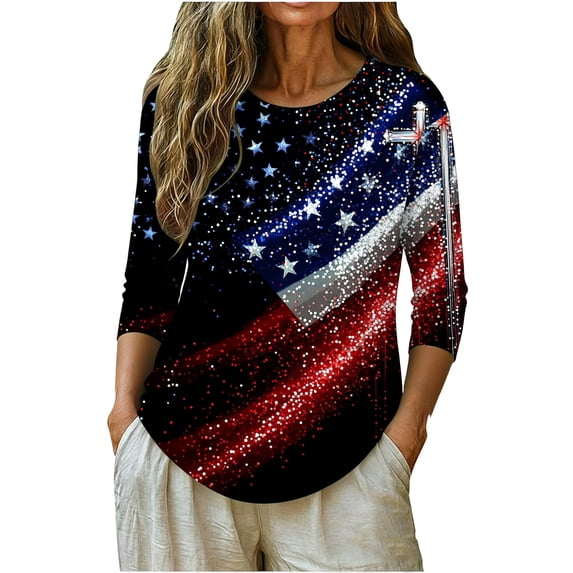 Zivyakyron Patriotic Tshirts Shirts for Women 4th of July Summer Sequin Womens Top Loose Casual 3/4 Sleeve Clothes