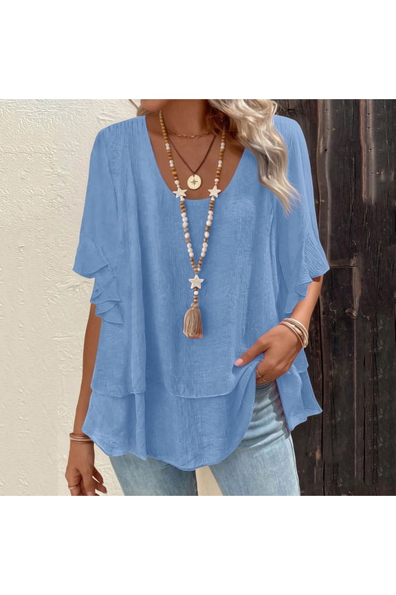 Pleated Ladies Blouses Elbow Length Summer Ruffled Ladies Tops Casual Loose Solid Tops