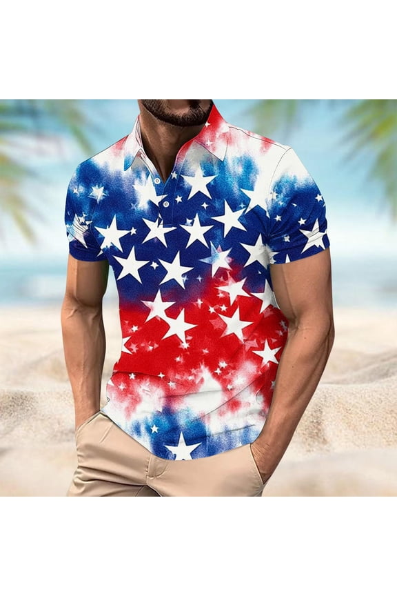 Short Sleeve Polo Men T Shirt Summer Independence Day Mens Clothes Collared Casual Graphic Slim Button Top