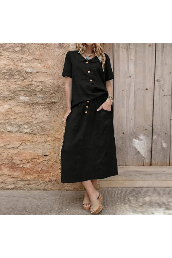 Summer 2 Piece Dress Sets for Women Maxi Maxi Cotton Work Ladies Dresses Collared Plaid Dress Set Casual Short Sleeve Loose Dresses