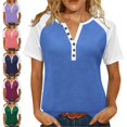thumbnail image 1 of Zivyakyron Summer T-Shirts Womens V-Neck Short Sleeve Tops for Women Trendy Raglan Solid Patchwork Casual Button Loose Tops, 1 of 8