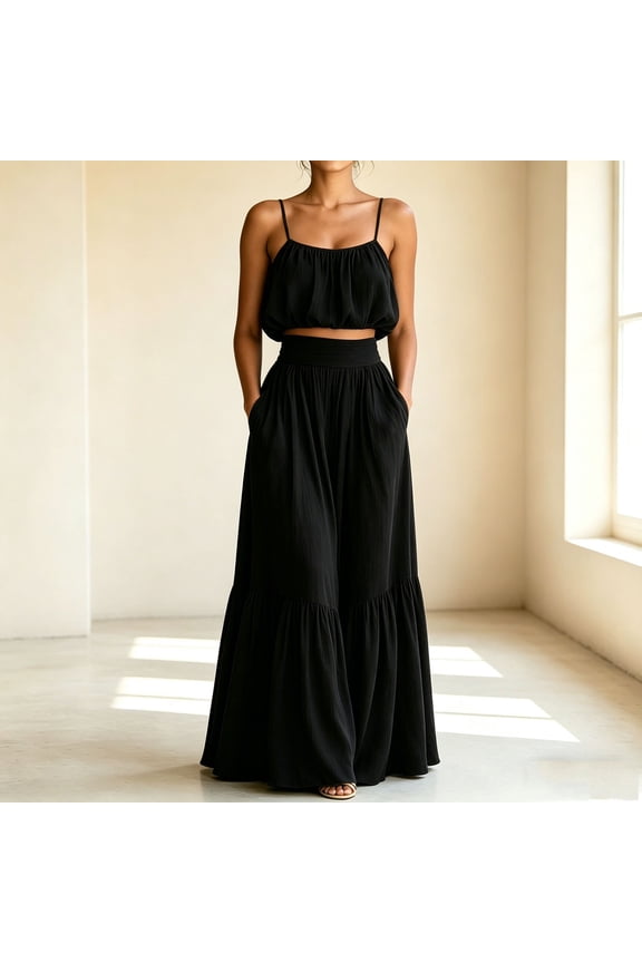 Summer Two Piece Dress Sets for Women High Waist Summer Spaghetti Straps Maxi Woman Dresses Sleeveless Scoop Neck Casual Plain Long Loose Dresses
