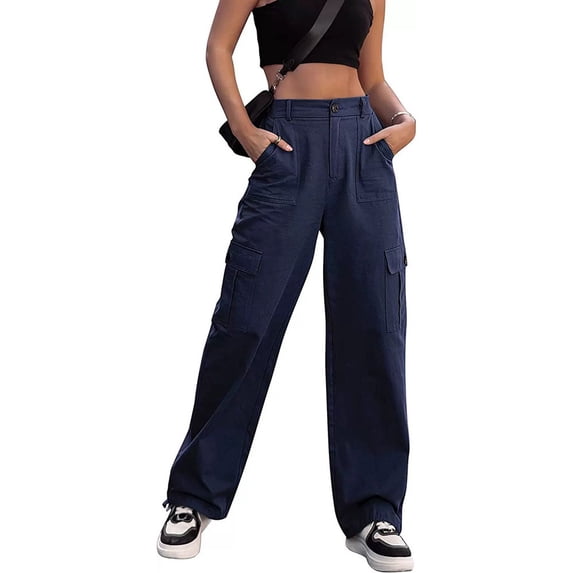 Zivyakyron Summer Womens Wide Leg Jeans Baggy Full Length High Waisted Denim Cargo Jeans for Women Multi Pocket Going Out Plain Casual Pants