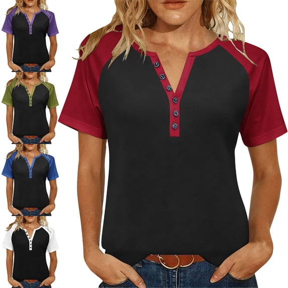 Zivyakyron T-Shirts Womens Summer V-Neck Short Sleeve Women's Tops Casual Raglan Solid Patchwork Workout Loose Tops