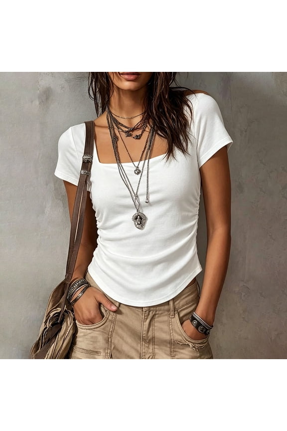 Tshirts for Women Cropped Summer Skinny Pleated Top for Ladies Plain Short Sleeve Sweetheart Casual Tops